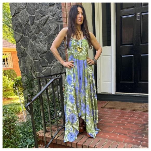 42 Boho Silk Blend One of Kind Print Sleeveless Asymmetrical Maxi Dress - Picture 5 of 8